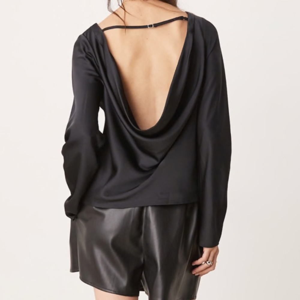 NWT Abercrombie & Fitch Long Sleeve Black Satin Open Draped Back Top. Size S